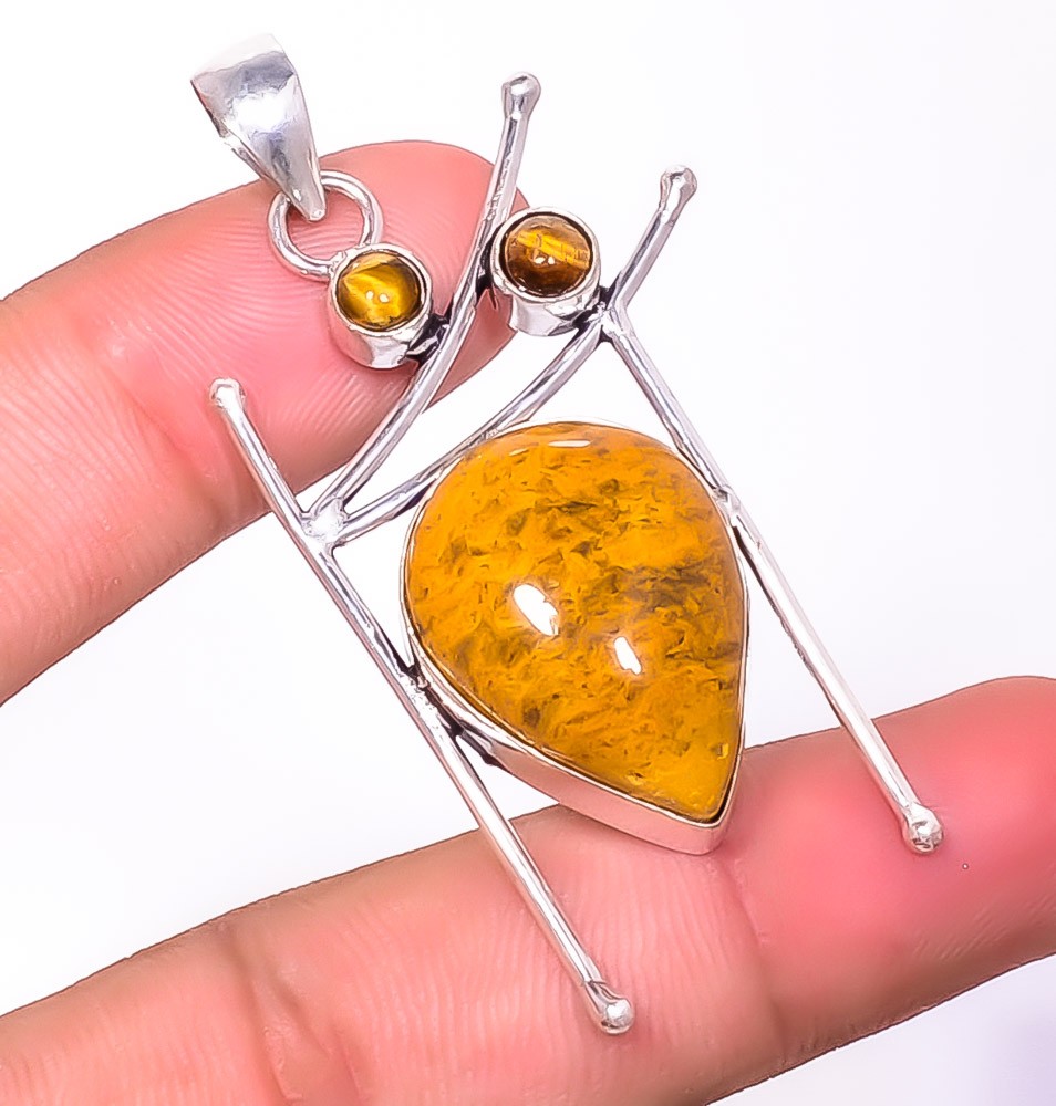 Natural Picture Jasper & Yellow Tiger Eye 925 Silver Plated Pendant 2.34″ S197