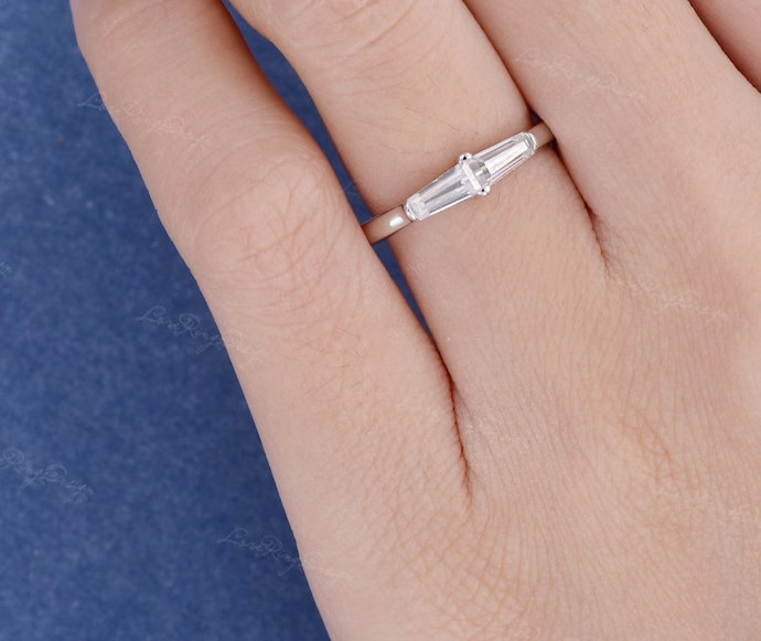 Tapered Baguette Cut Lab-Created Diamond Geometric Ring Unique Mini Gift for Her