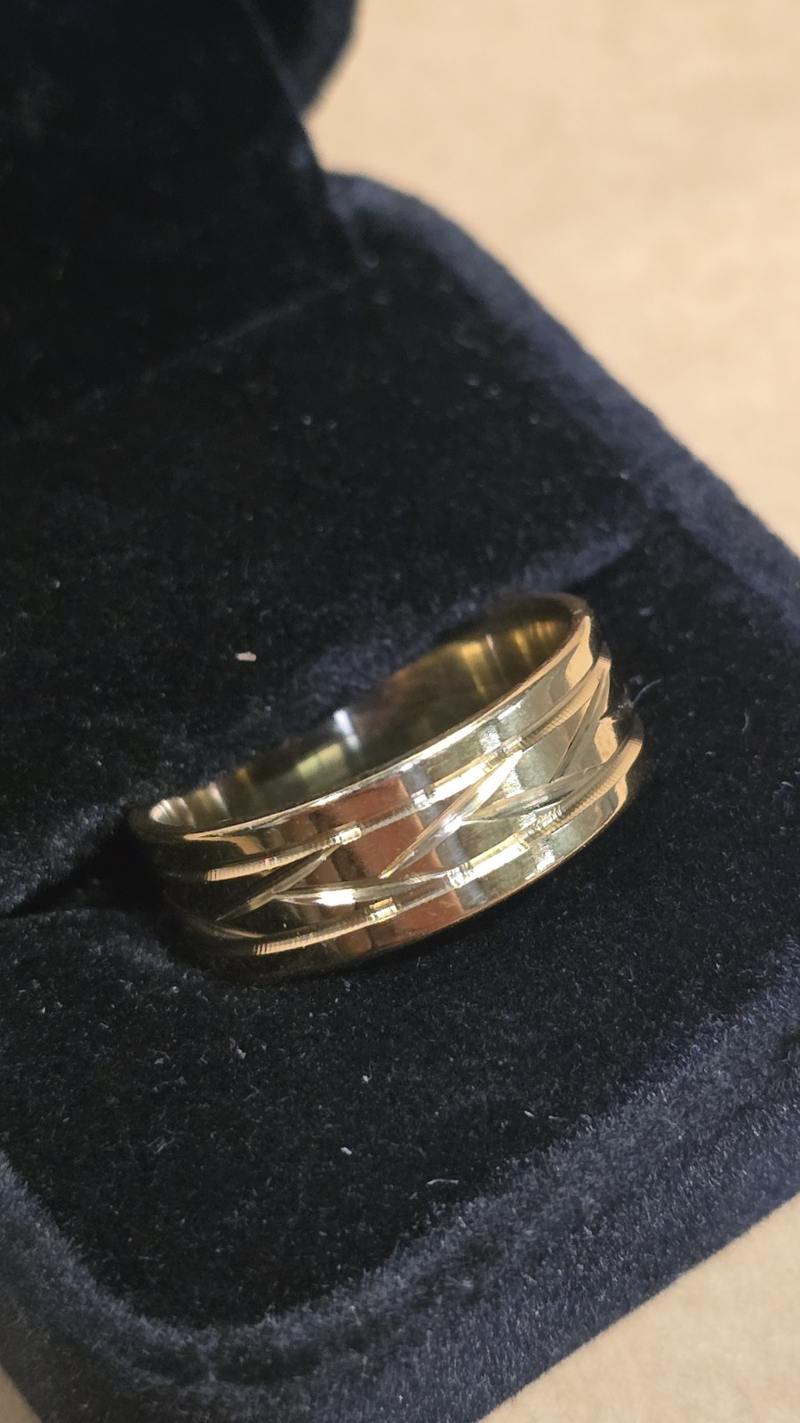 Men’s Gold Tungsten Wedding Ring Textured Band High Polish Comfort Fit Size 10