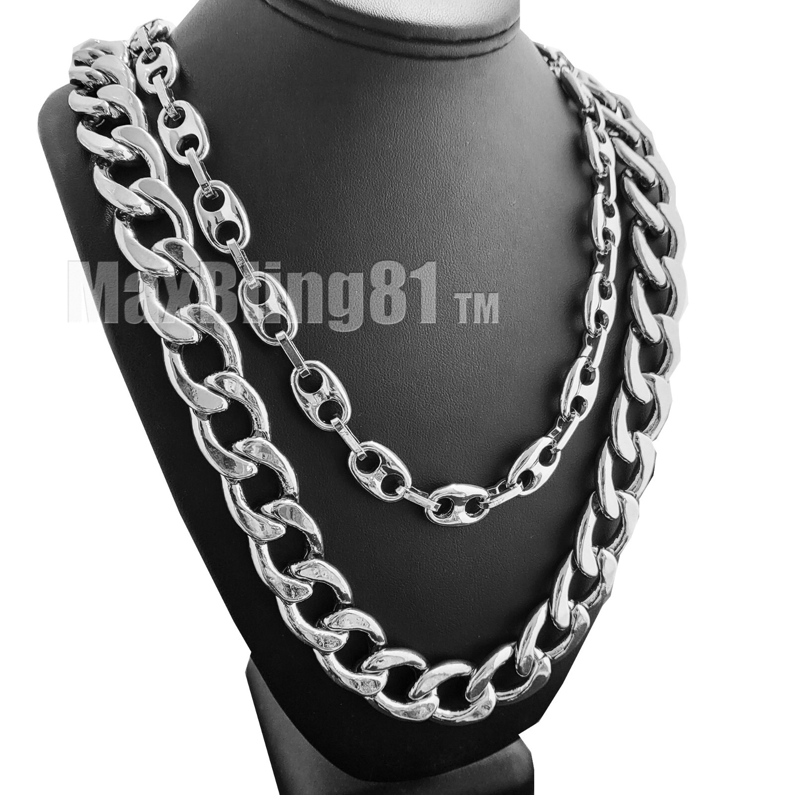 Hip Hop Silver plated Alloy 10mm 24″ Marina & 18mm 30″ Cuban Chain Necklace set