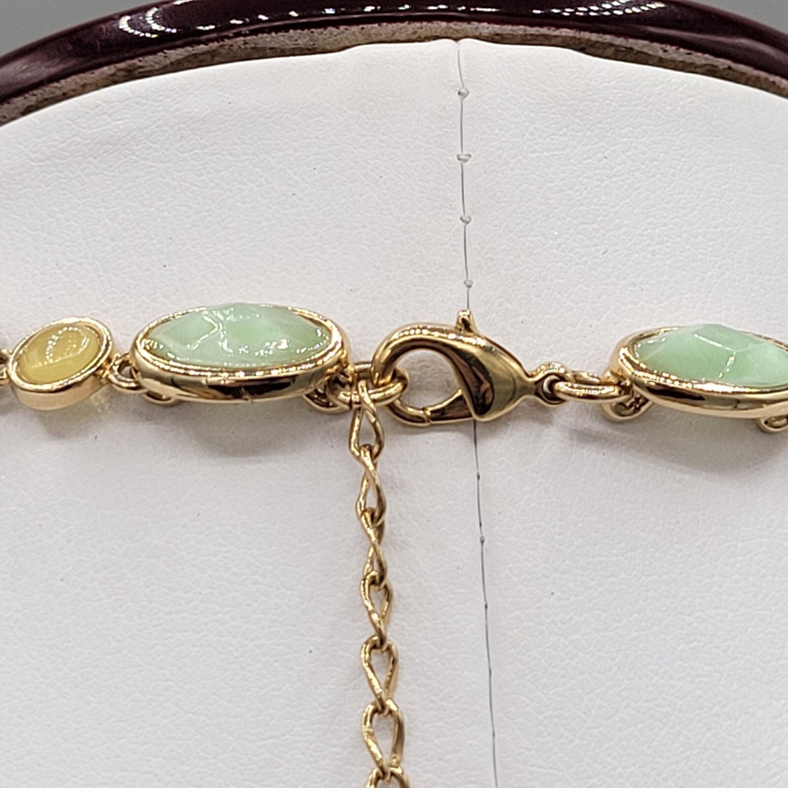 Gold Tone Pea Green Cabochon Teardrop Necklace Foil Backed Lobster Clasp 16 in