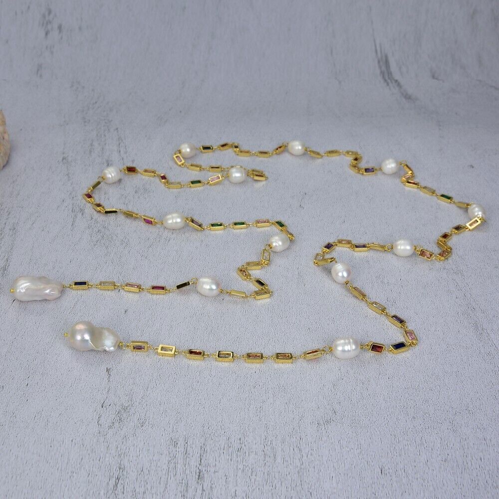 Cultured White Keshi Pearl Mixed Color Cz Pave Long Gold Plated Chain Necklace