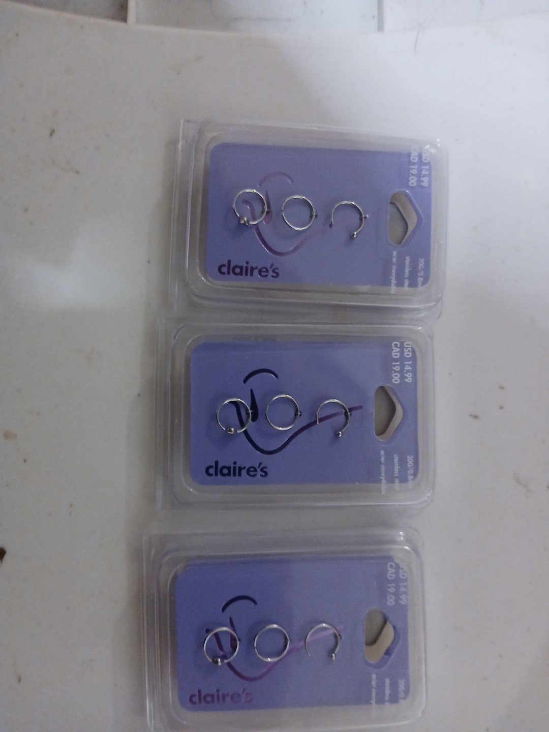 Lot Of (3) Claire’s Jewelry Nose Rings 20g/0.8mm SS. MSRP/Lot $45. New W/Tags