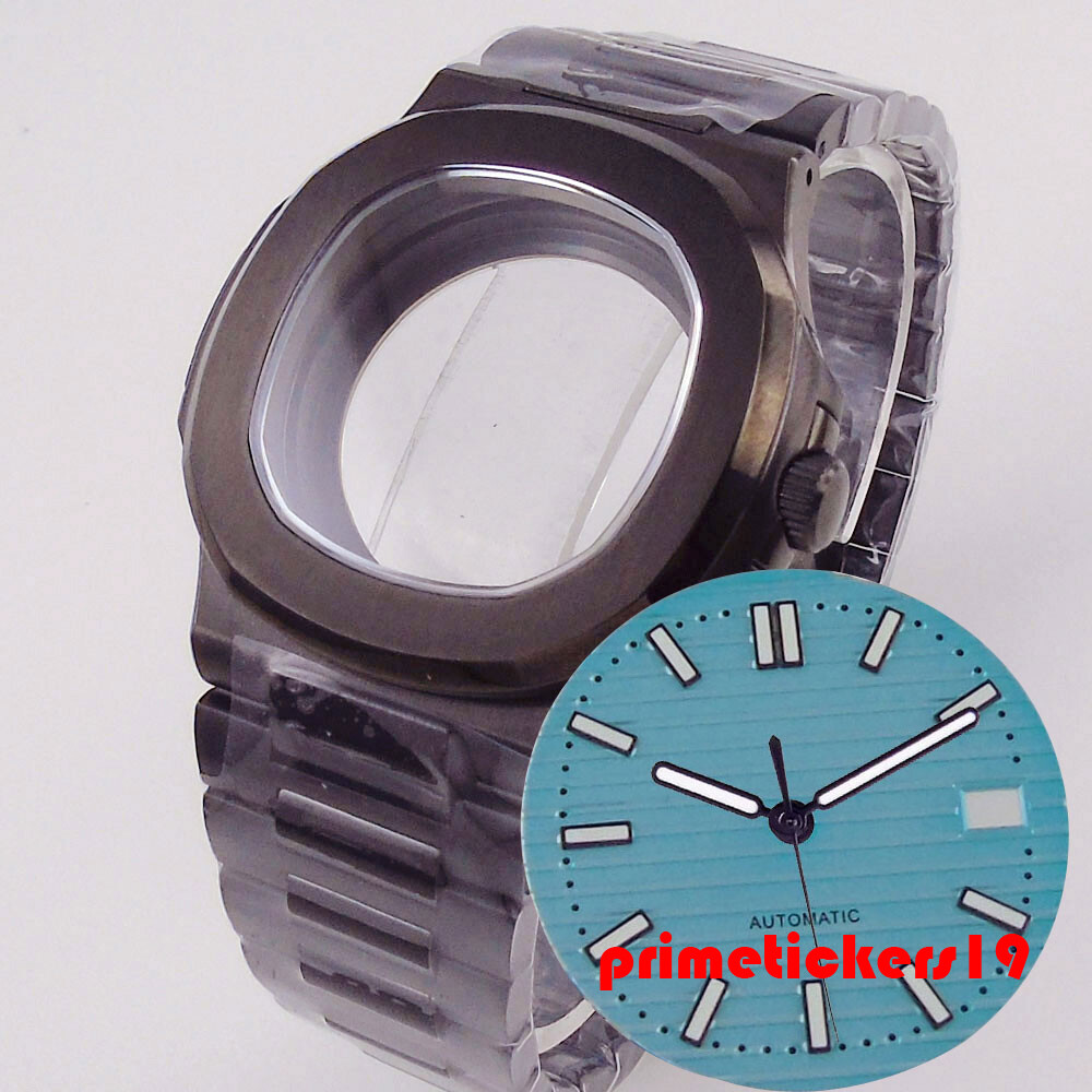 Black Pvd Square Watch Case Bracelet Dial Hands Set Sapphire Fit NH34 NH35 NH36