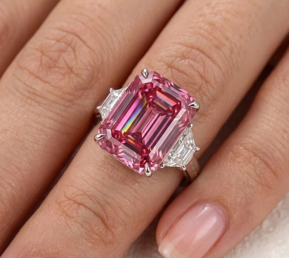 RARE 12.30 Ct Pink Emerald Cut Solitaire Treated Diamond Ring in 925 Silver