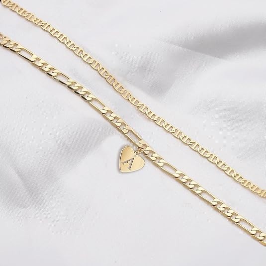 14k Gold Initial Ankle Bracelet for Women 10k Solid Gold Layered Figaro Anklets