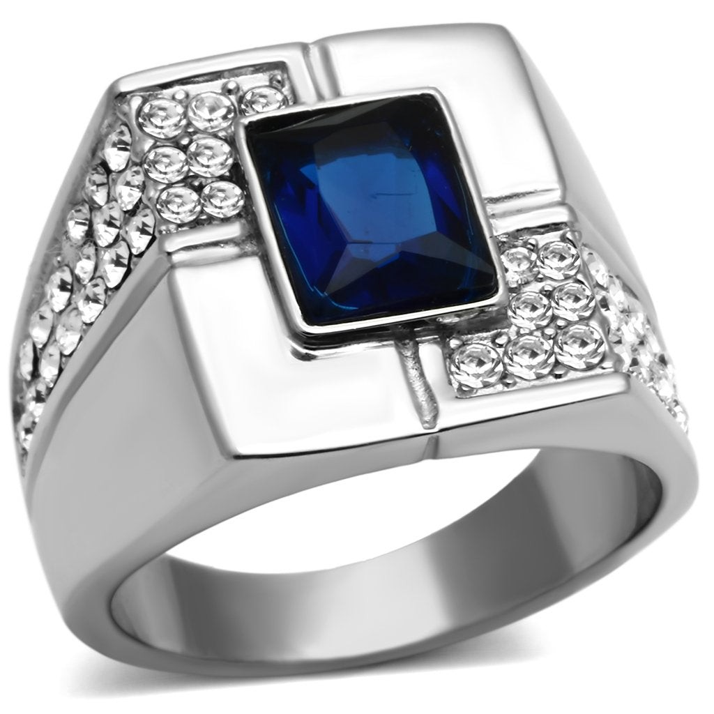 Men’s Ring, Blue Glass, Stainless Steel, Bold Design, Sparkling Accents