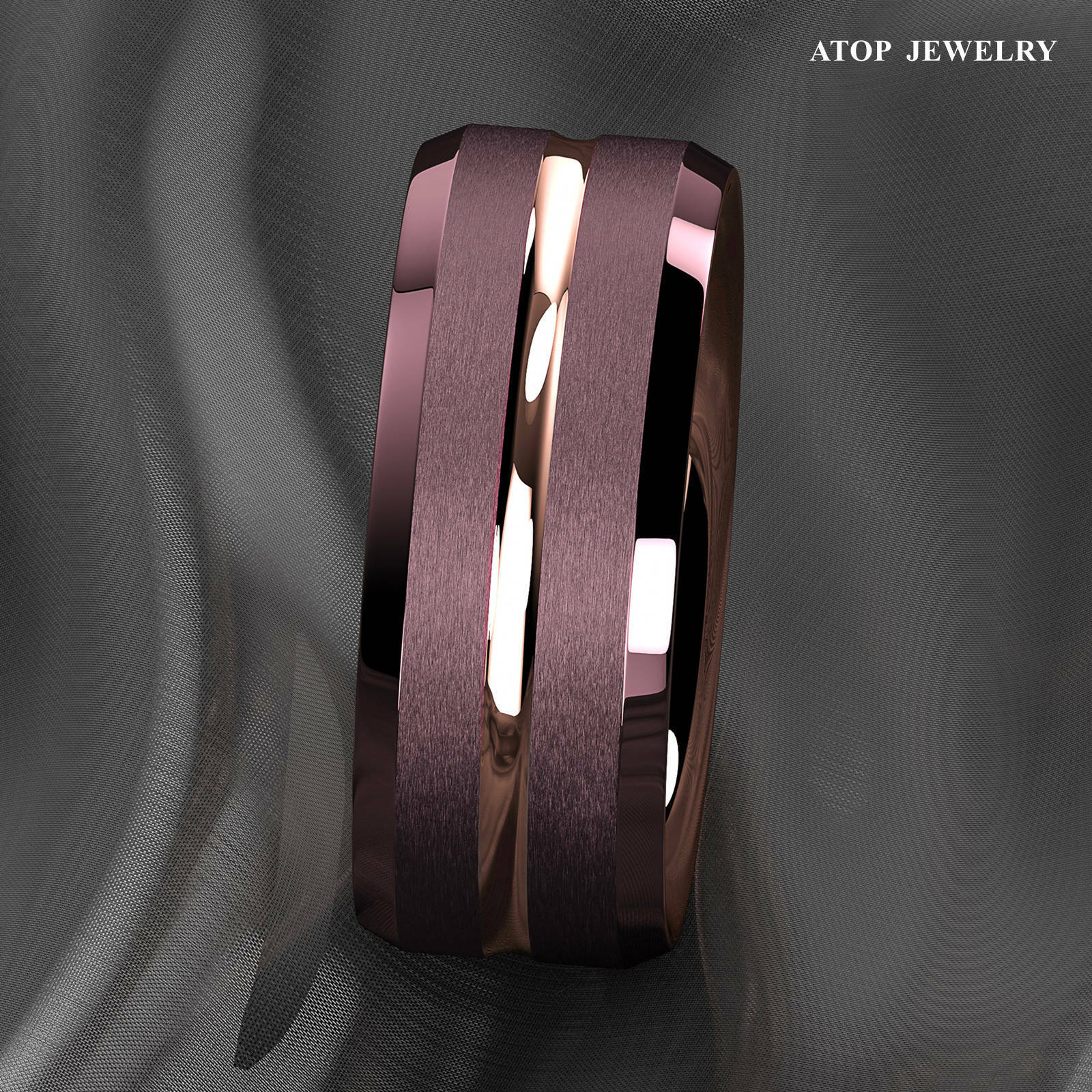 8/6mm Plated Metal Tungsten Mens Ring Rose Gold Groove Stripe ATOP Wedding Band