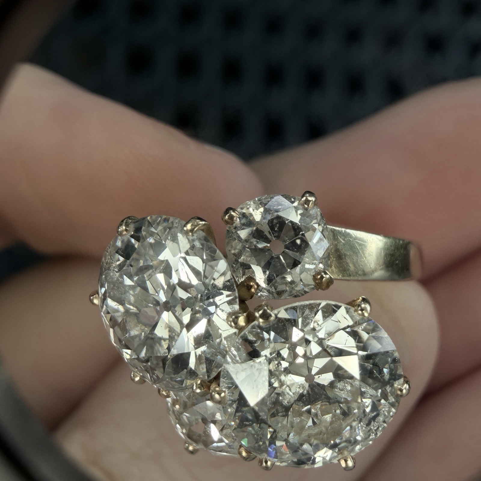 Over 9 Carat Two Old European Cut Diamond 2 Old Mine cut Diamond 18k Ring French