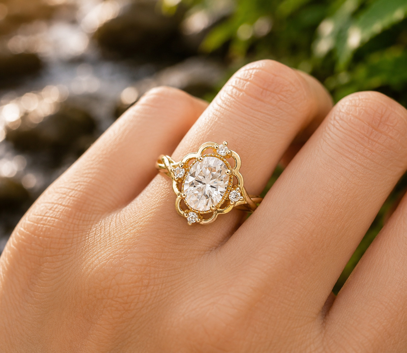 2Ct Oval Lab Created Diamond Halo Engagement Ring 14K Yellow Gold Plated Silver