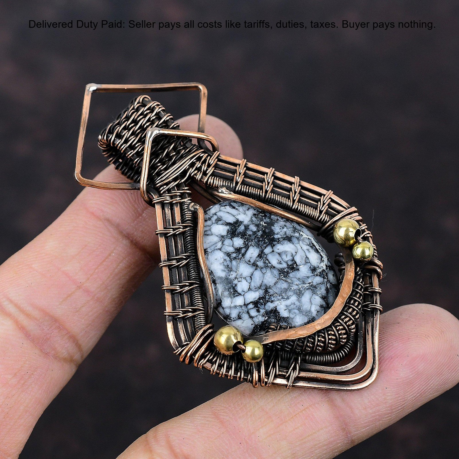 Copper Oval Pinolith Jasper Gemstone Wire Wrapping Daughter Boho Pendant Jewelry
