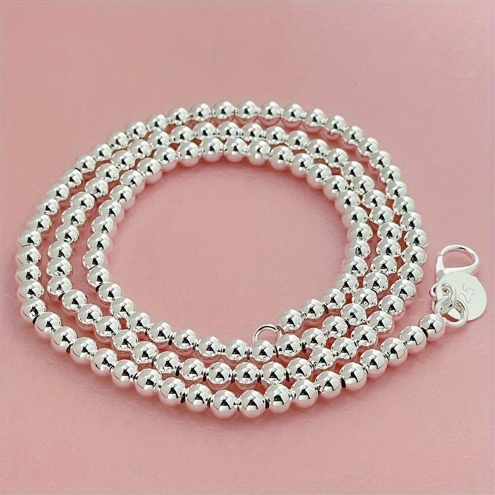 Elegant 925 Sterling Silver 4mm Classic Ball Beaded Chain Necklace for Women Men