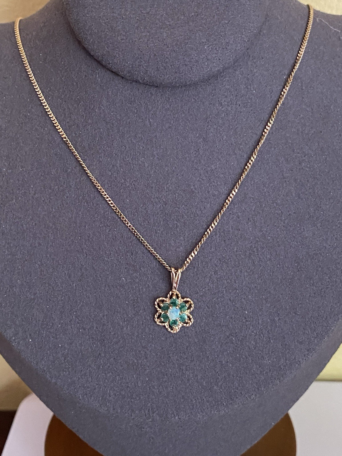 Vintage 9 Carat Yellow Gold Opal And Emerald Pendant Necklace 18 Inch Chain