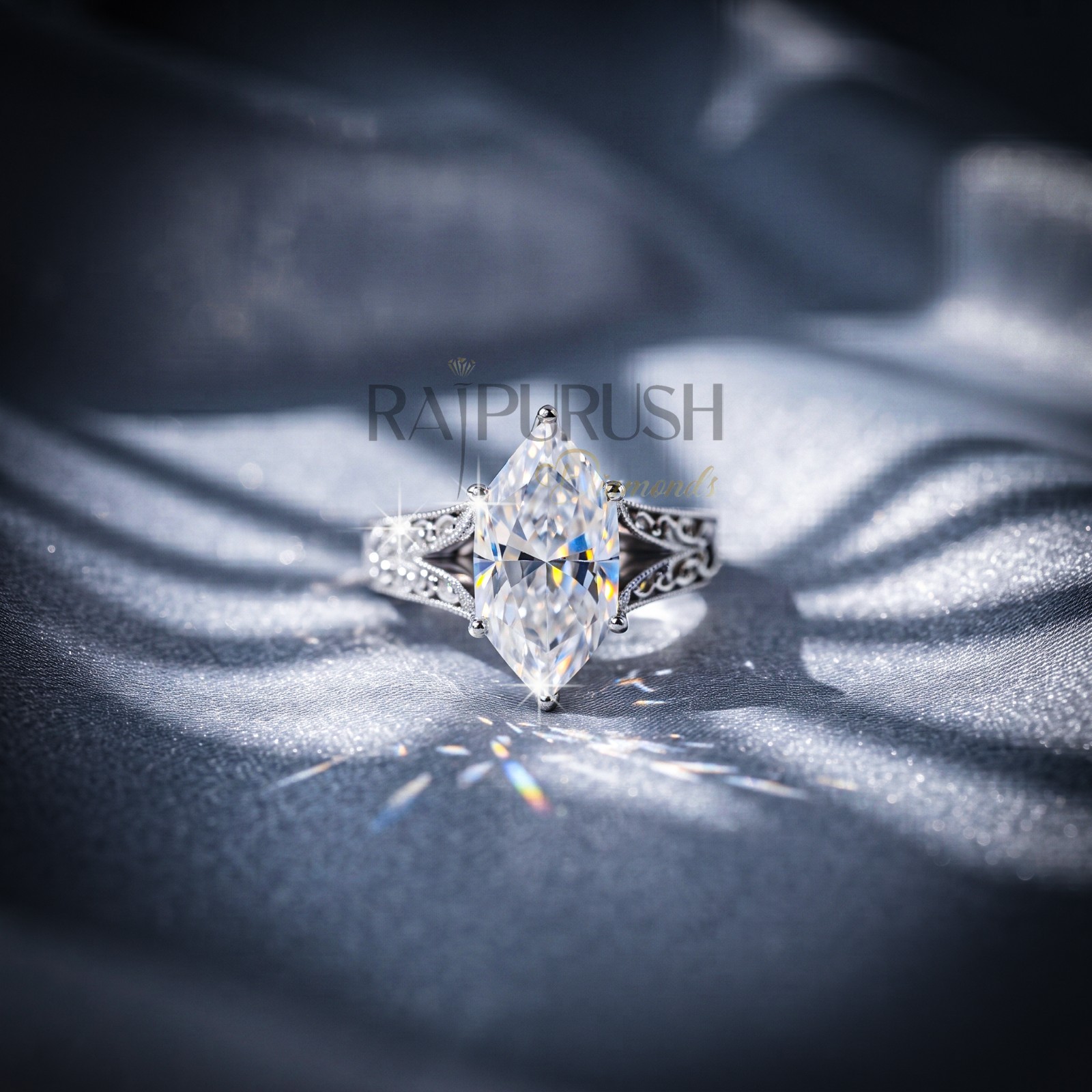 Marquise Cut Moissanite Art Deco Engagement Ring 925 Sterling Silver Bridal Band