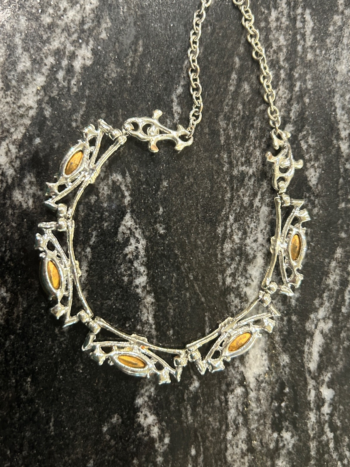 Vintage CARVED Blue AB Foil Back Glass Rhinestone Silvertone Necklace 1950/60s
