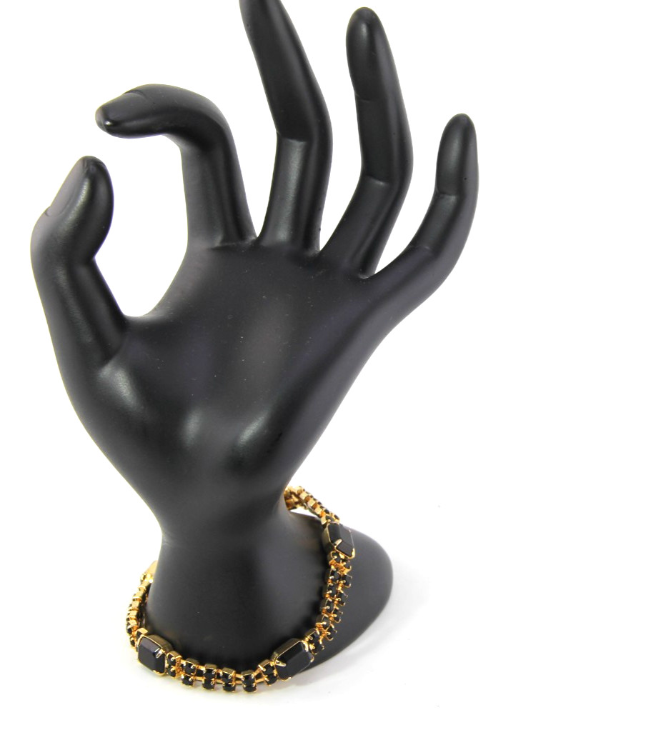Vintage Bracelet Black Prong Set Rhinestones Push Lock, Czech Republic 1980
