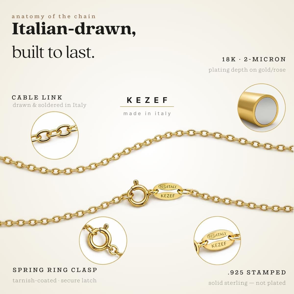 KEZEF 18K Gold Plated 925 Sterling Silver Box Chain Necklace for Women, 1mm T…