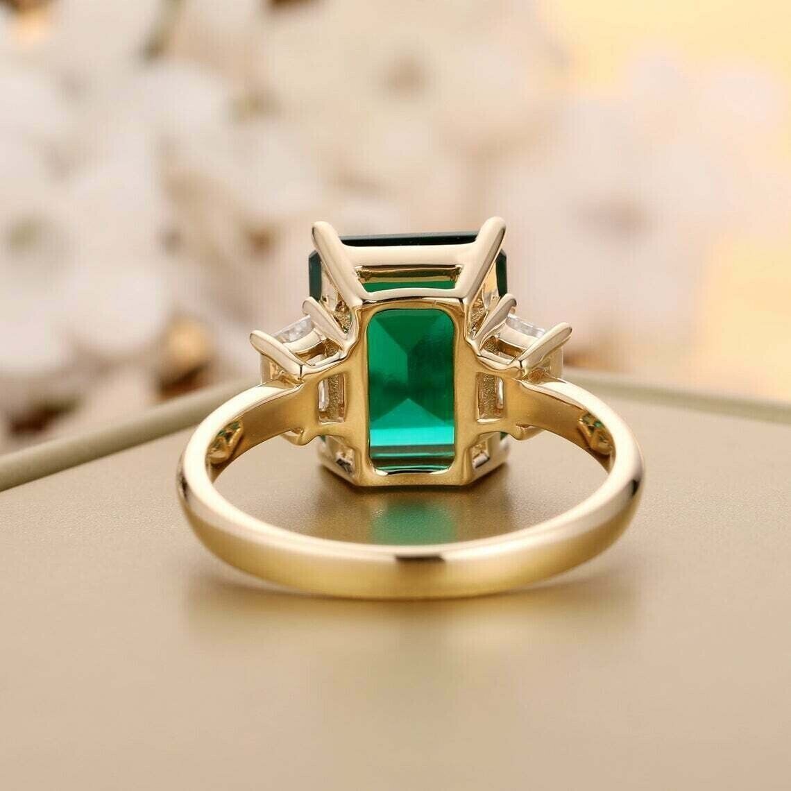 4Ct Emerald Cut Lab Created Green Emerald Engagement Ring 14K Yellow Gold Finish