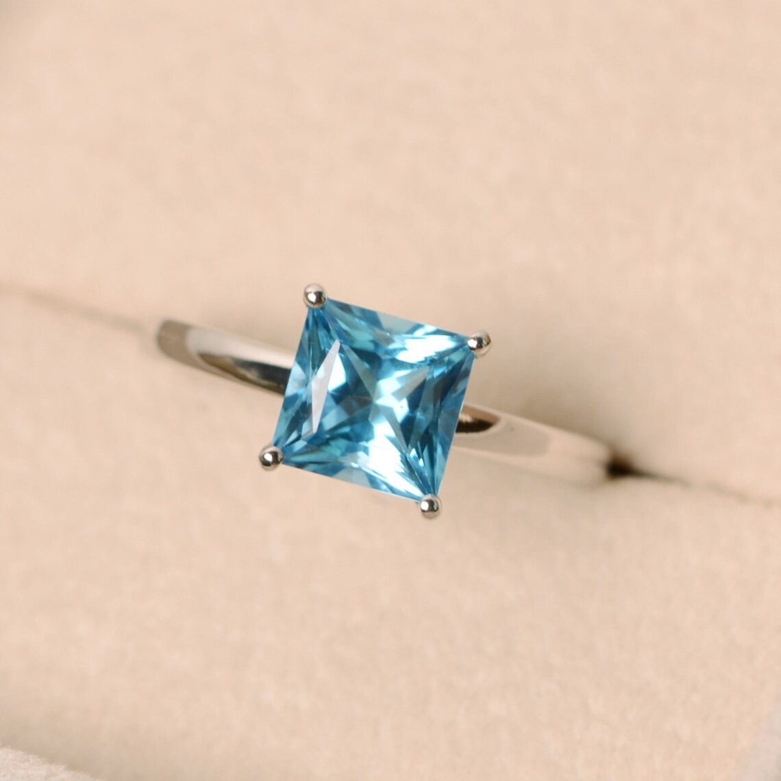 2CT Blue Topaz Square Gemstone 925 Silver Plated Solitaire Ring Duty Free