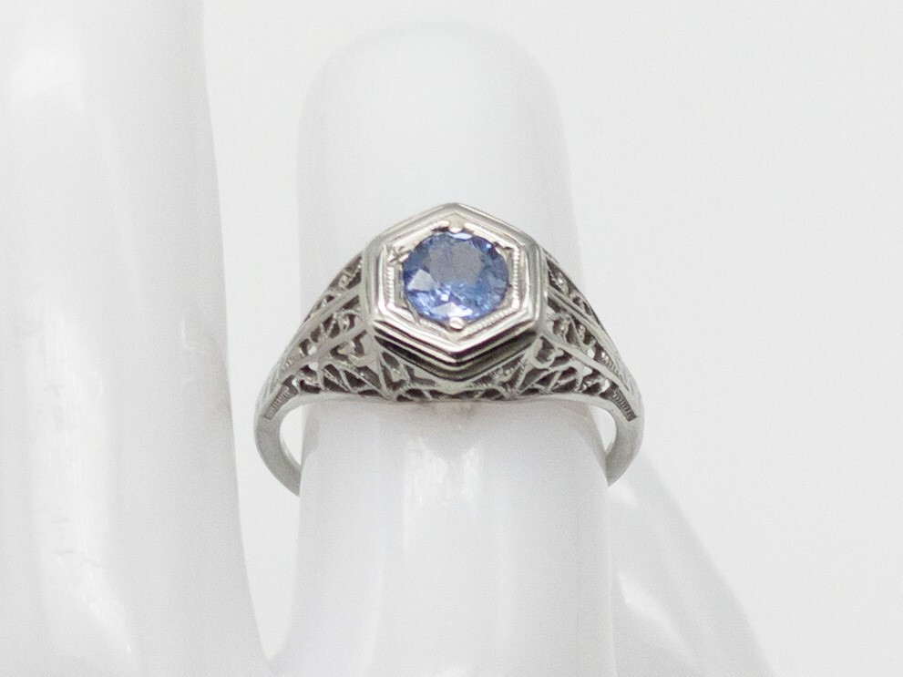 Antique 1920s $2400 .75ct Ceylon Blue Sapphire 18k White Gold Filigree Ring