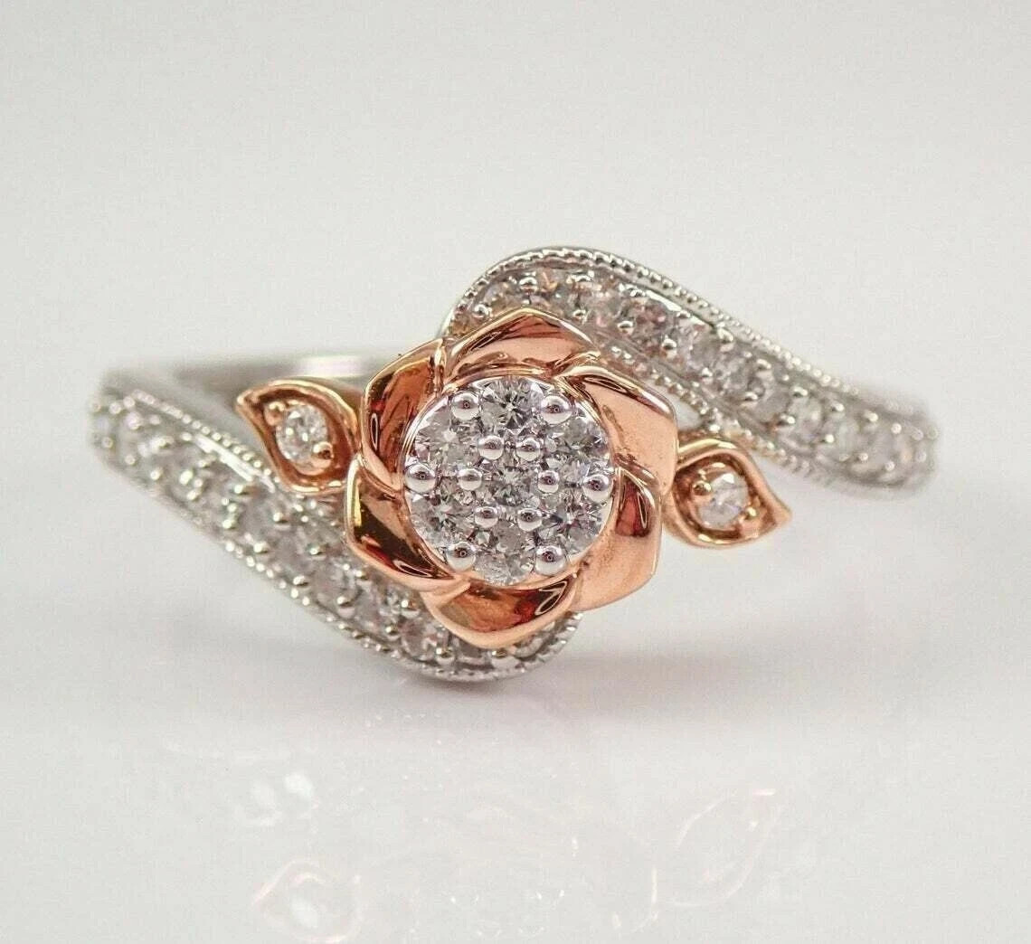 14K Two Tone Tone Gold Plated 2Ct Simulated Diamond Rose Flower Engagement Ring