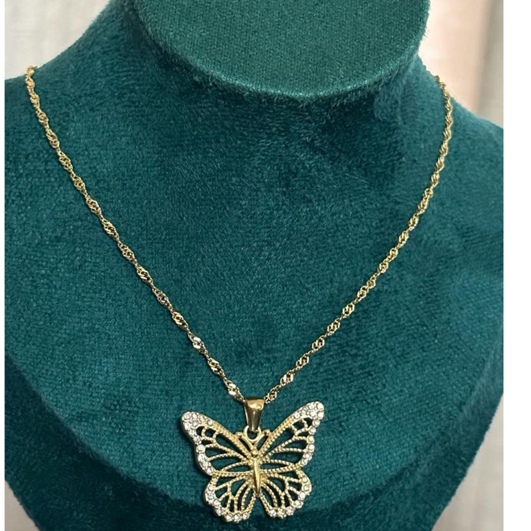 Unique Butterfly Pendant Necklace 18K Gold over Stainless Steel CZ waterproof
