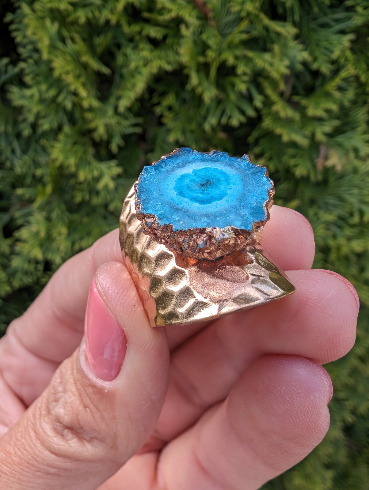 Artisan Handmade In Morocco Adjustable Blue Geode Wide Band Gold Ring Size 8.75