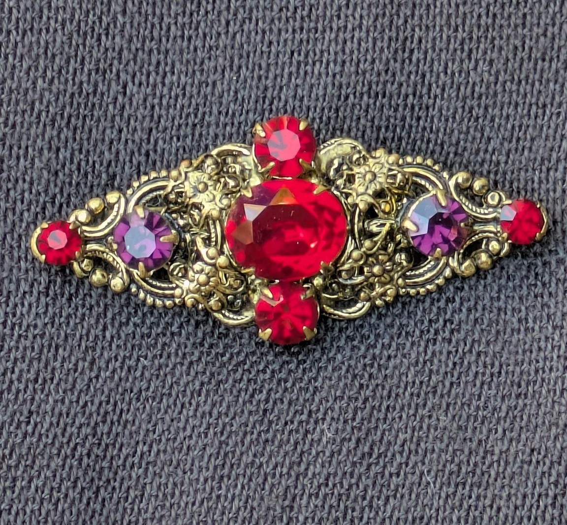 Vintage Czechoslovakia Red & Purple Glass Rhinestone Brooch – Czech Pin C29