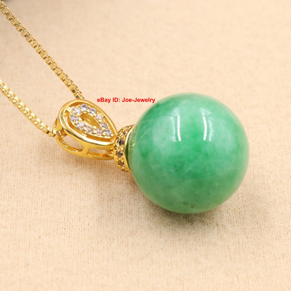NEW Yellow Alloy Pendant with Heated Green Jade Ball + 18inch Chain Necklace