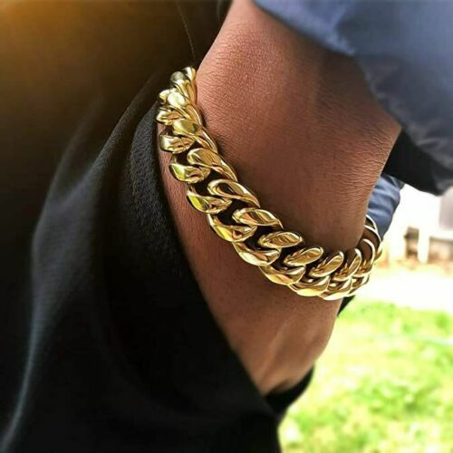 Men’s Miami Cuban Link Chain Bracelet Solid 14K Gold Plated Stainless Steel