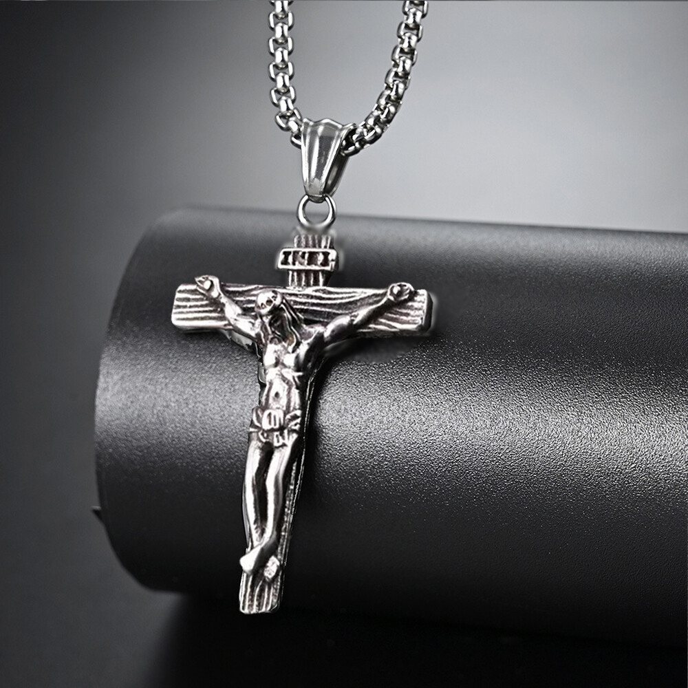 Men Stainless Steel Jesus Christ Crucifix Cross Pendant Chain Necklace
