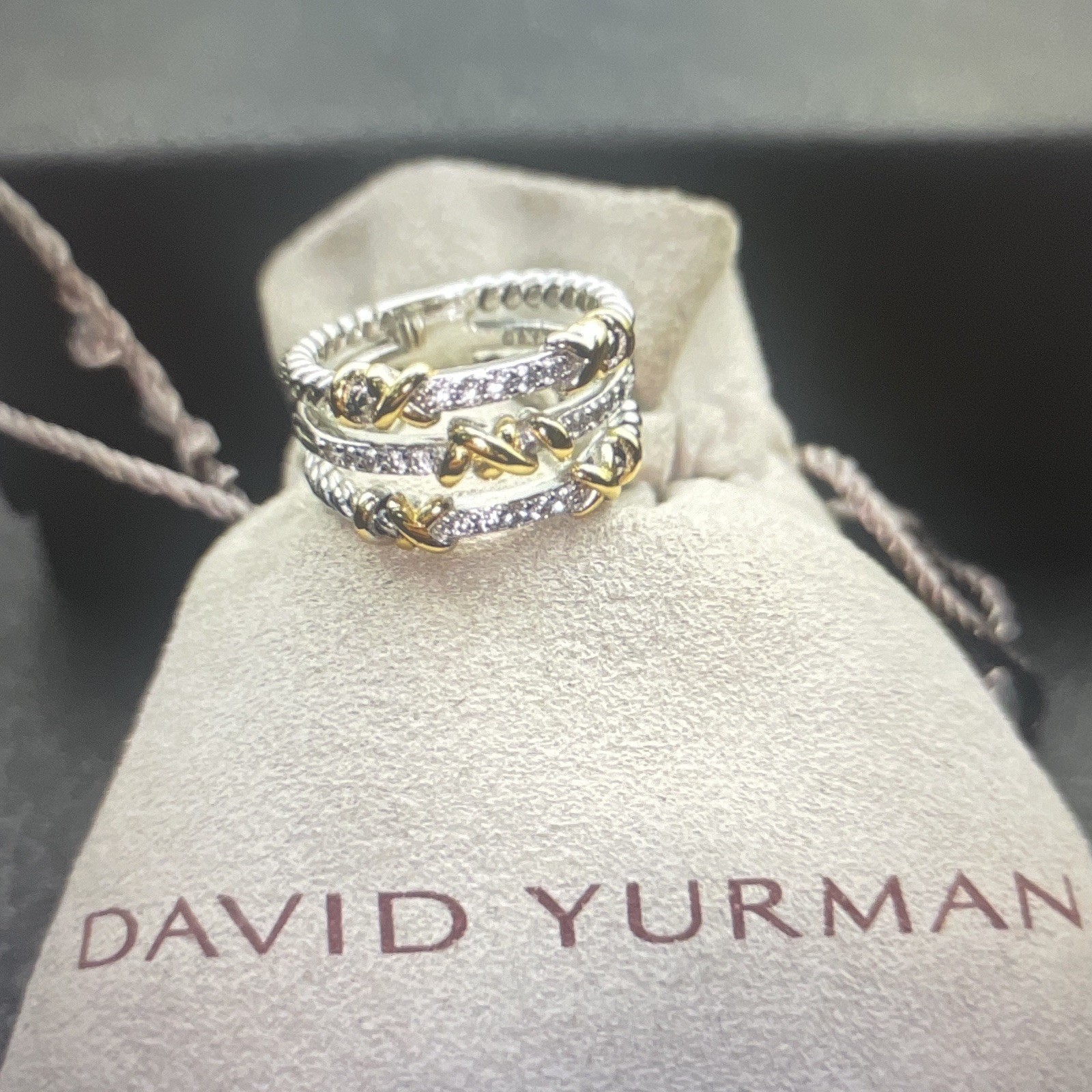 David Yurman Twisted Wrap Band 925 Silver 18K Gold Three Row Pave Diamond Ring 8