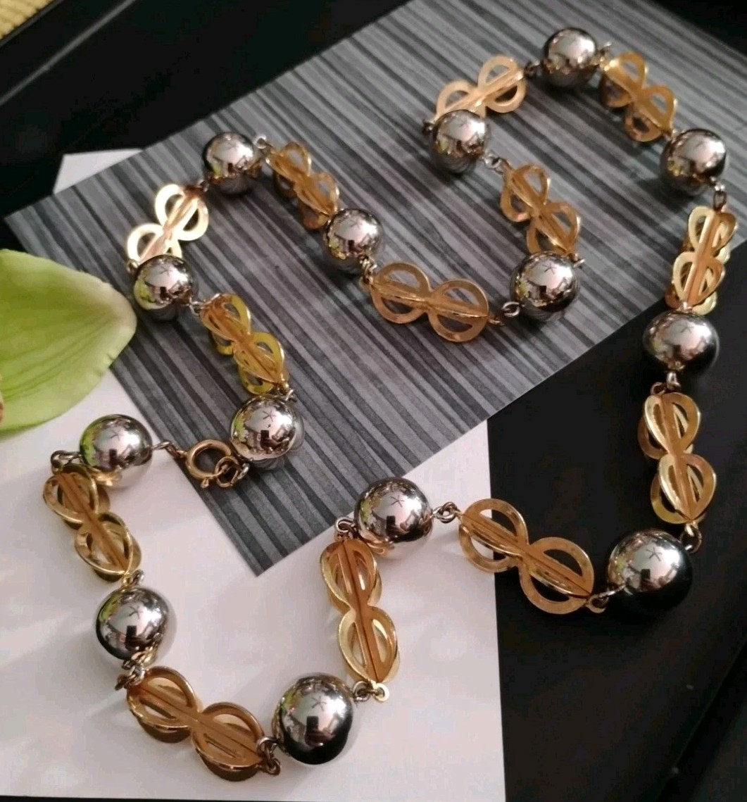 Vintage GEOMETRIC Beaded Bauble Dual Metallic 28″ Spring Ring Chain Necklace!