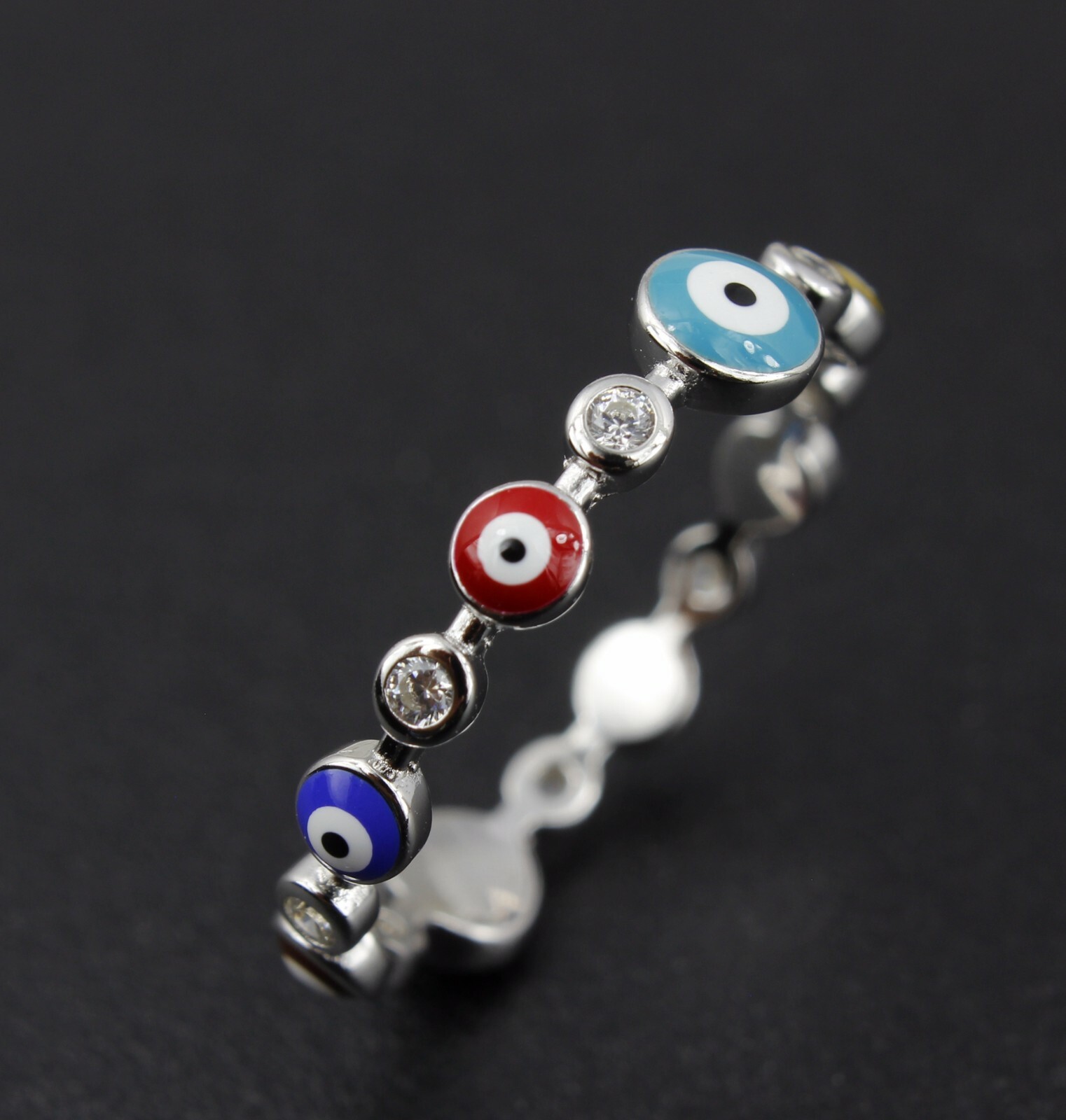 Women 925 sterling silver Color Round Cubic Zircon Lucky Evil Eye Hand Ring 5-9