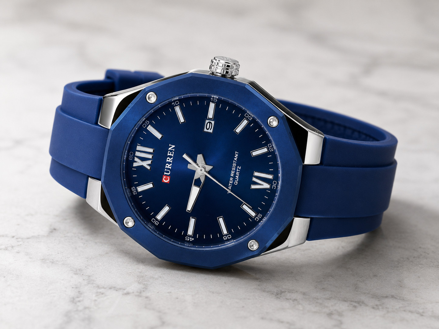 CURREN Men’s Quartz Watch Blue Green Silicone Strap 3ATM Waterproof Date Analog