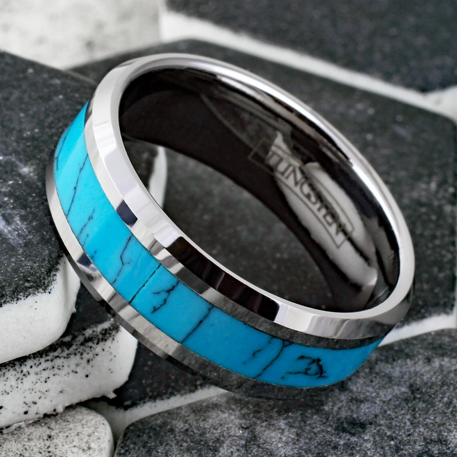 Tungsten Carbide Men’s Turquoise Inlaid Comfort Fit Wedding Band Ring Size 5-13