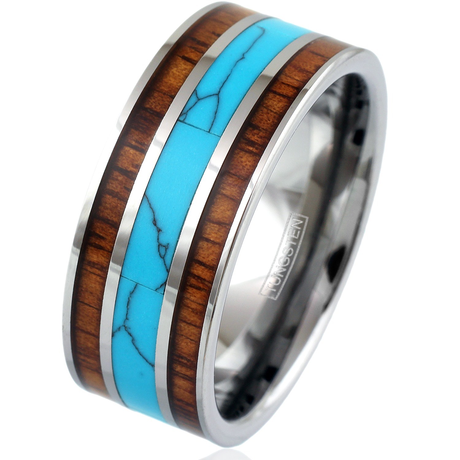 10mm Tungsten Men’s Turquoise and Double Hawaiian Koa Wood Wedding Band