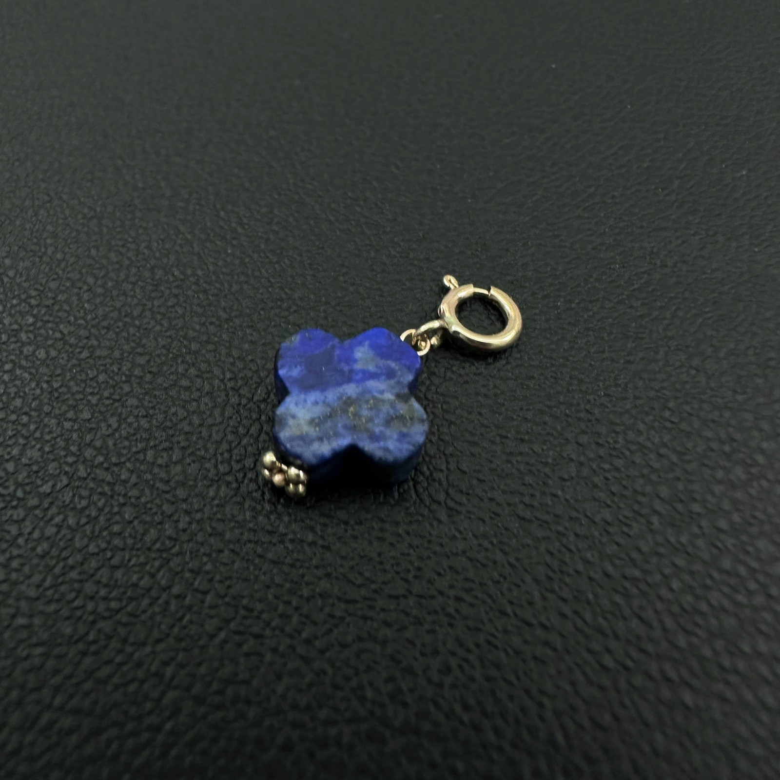 14K Solid Yellow Gold Lapis Lazuli Clover Small Charm Pendant w/Spring Clasp