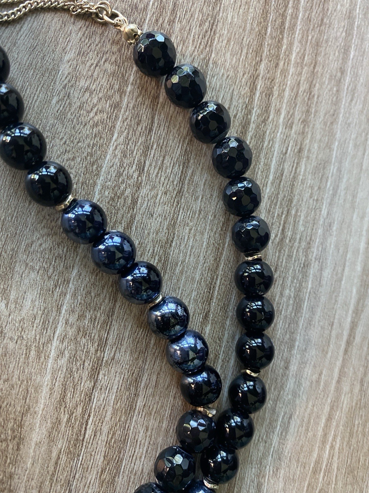 Vera Bradley Vintage Long Black and Blue Glass Bead Necklace/Gold Toned Tassel