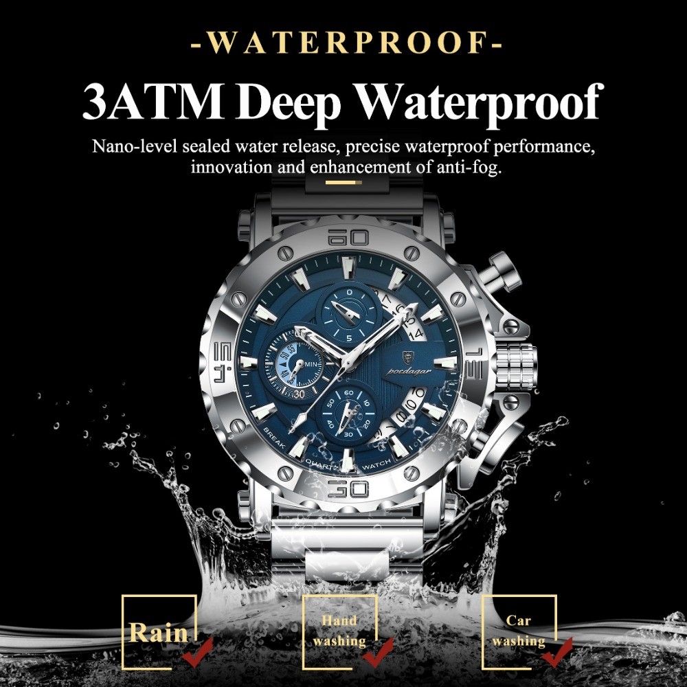 POEDAGAR Luxury Men’s Calendar Luminous Waterproof Stainless Steel Quartz Watch
