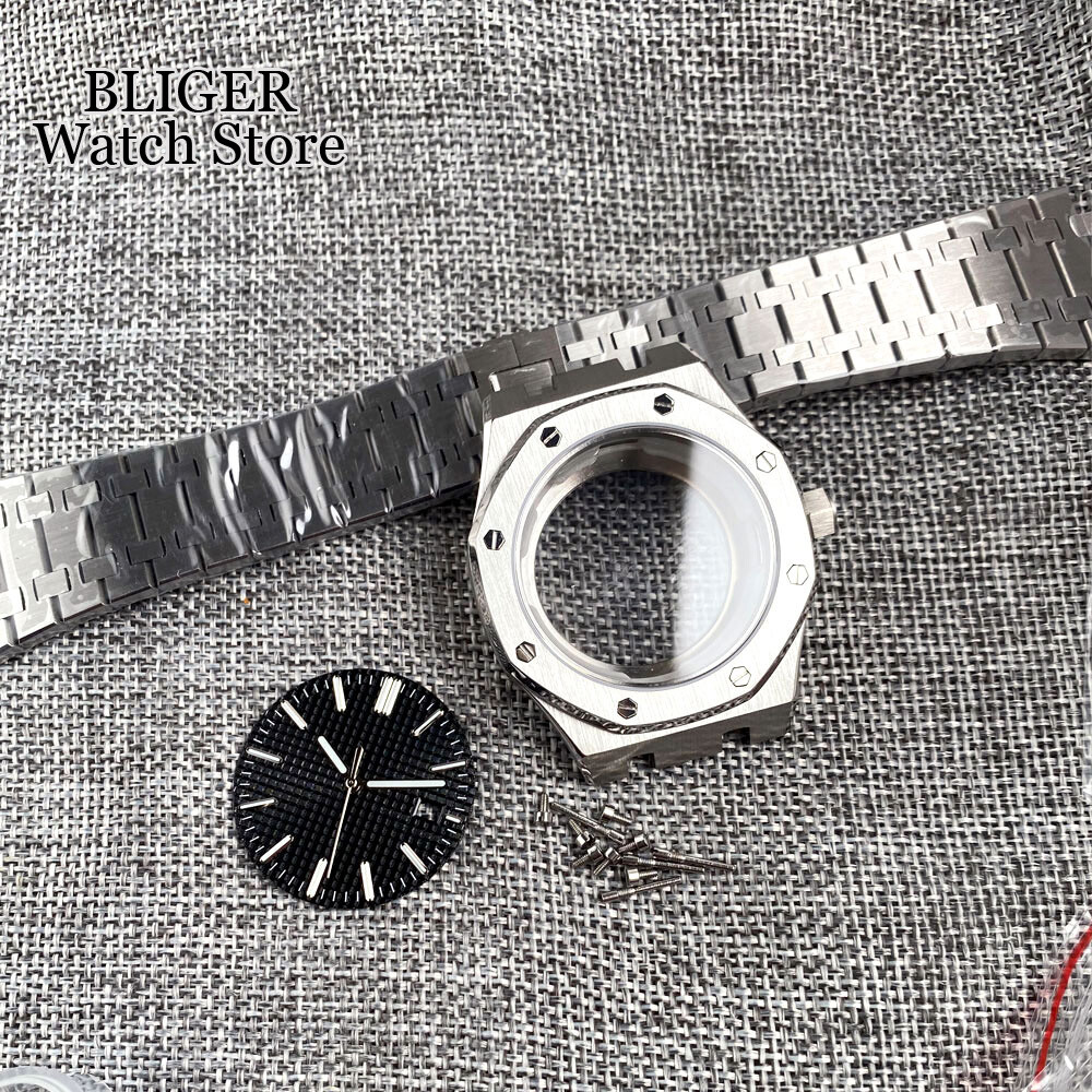 42mm Brushed Watch Case Bracelet 31.7mm Black Blue Dial Fit NH35 NH36 Sapphire