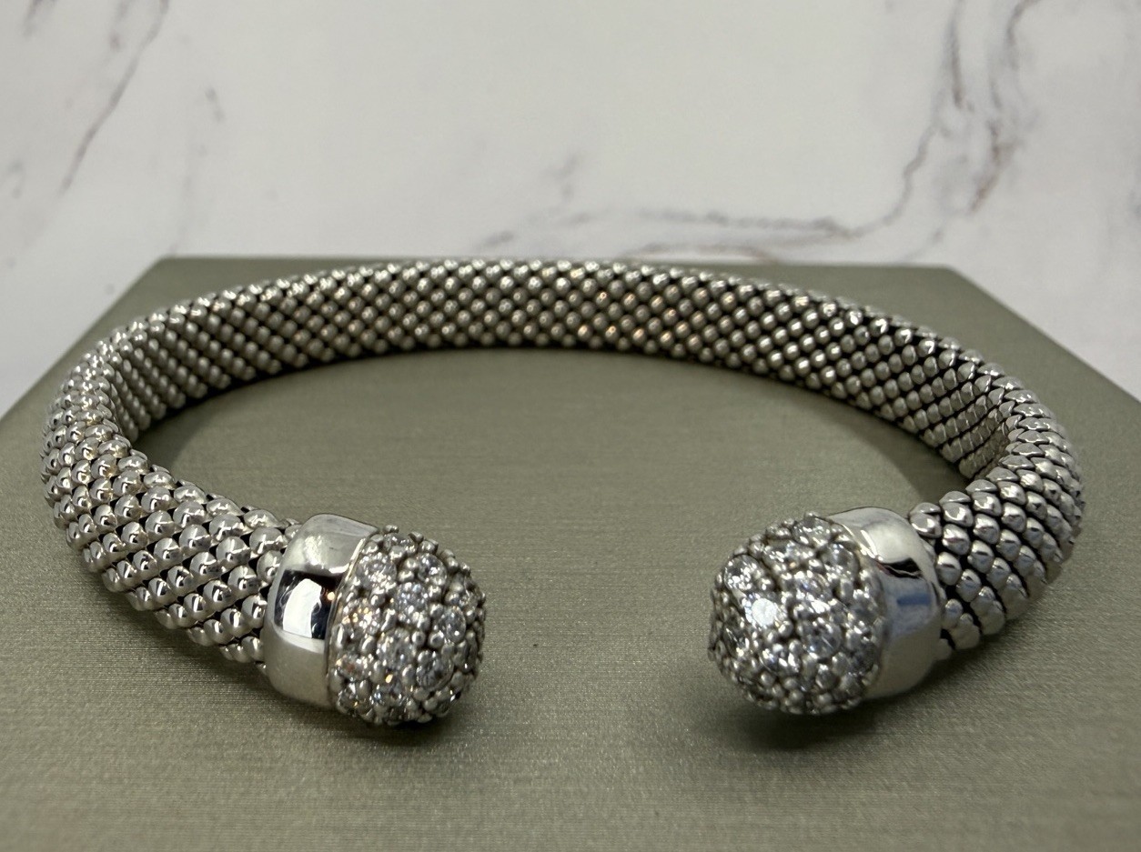 Diamonique Sterling Silver Popcorn Mesh Cuff Bracelet 925 Pave End Caps 6.25″