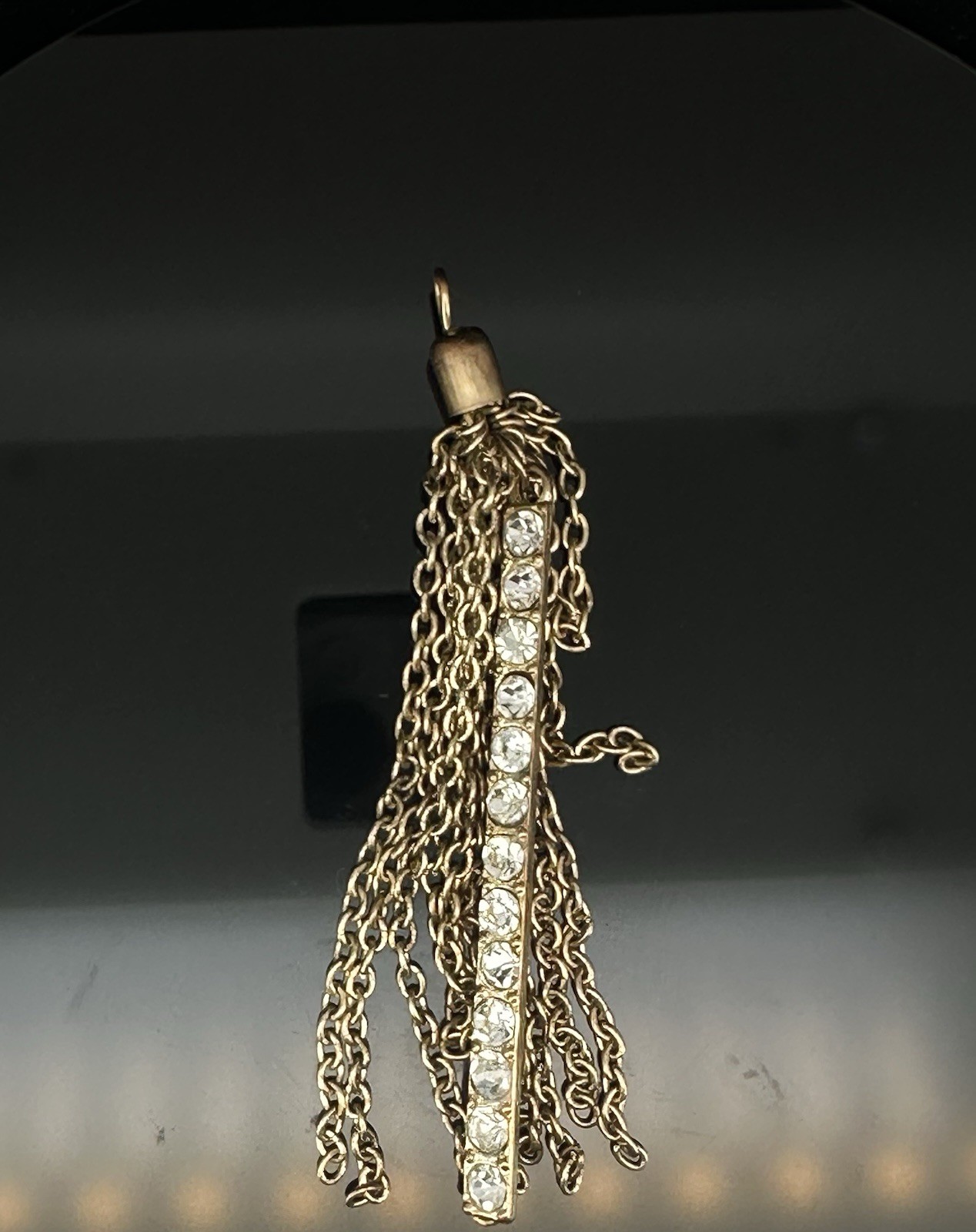 Vintage Gold Tone Rhinestone Vertical Channel Bar Multi Chain Tassel Pendant