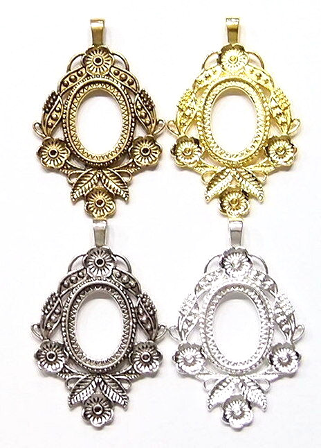 4 of 30x22mm Antique Gold Flower and Leaf Pendant Settings, 4 Cameos, Cabs Glass