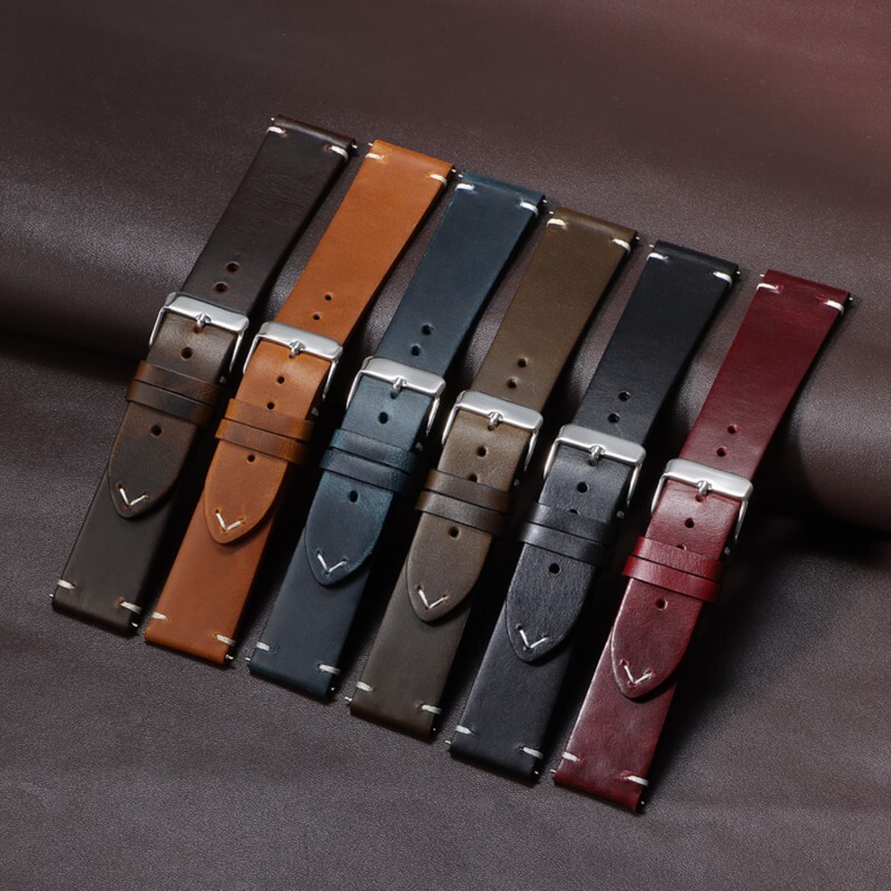 Vintage Oil Waxed Cowhide Watch Strap Quick Release genuine Leather band 18-24mm