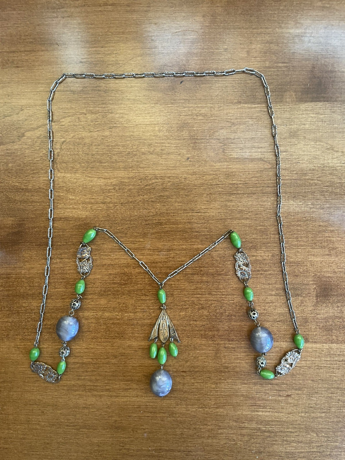 Antique Art Deco Czech Green Glass Beads Lavalier Flapper Necklace Roaring 20s