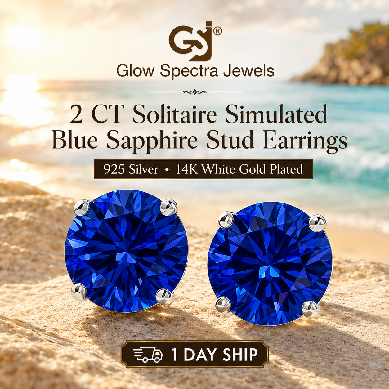 2CT Solitaire Blue Sapphire Diamond Stud Erring 925 Silver 14k White Gold Plated