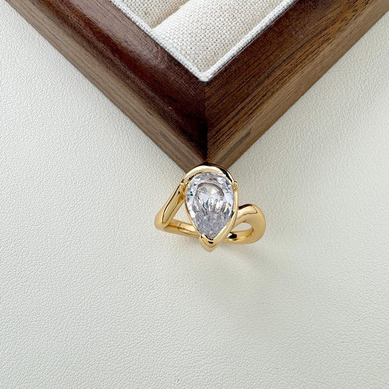 Pear Shape Moissanite Bypass 14K Gold Plated Teardrop Engagement Ring