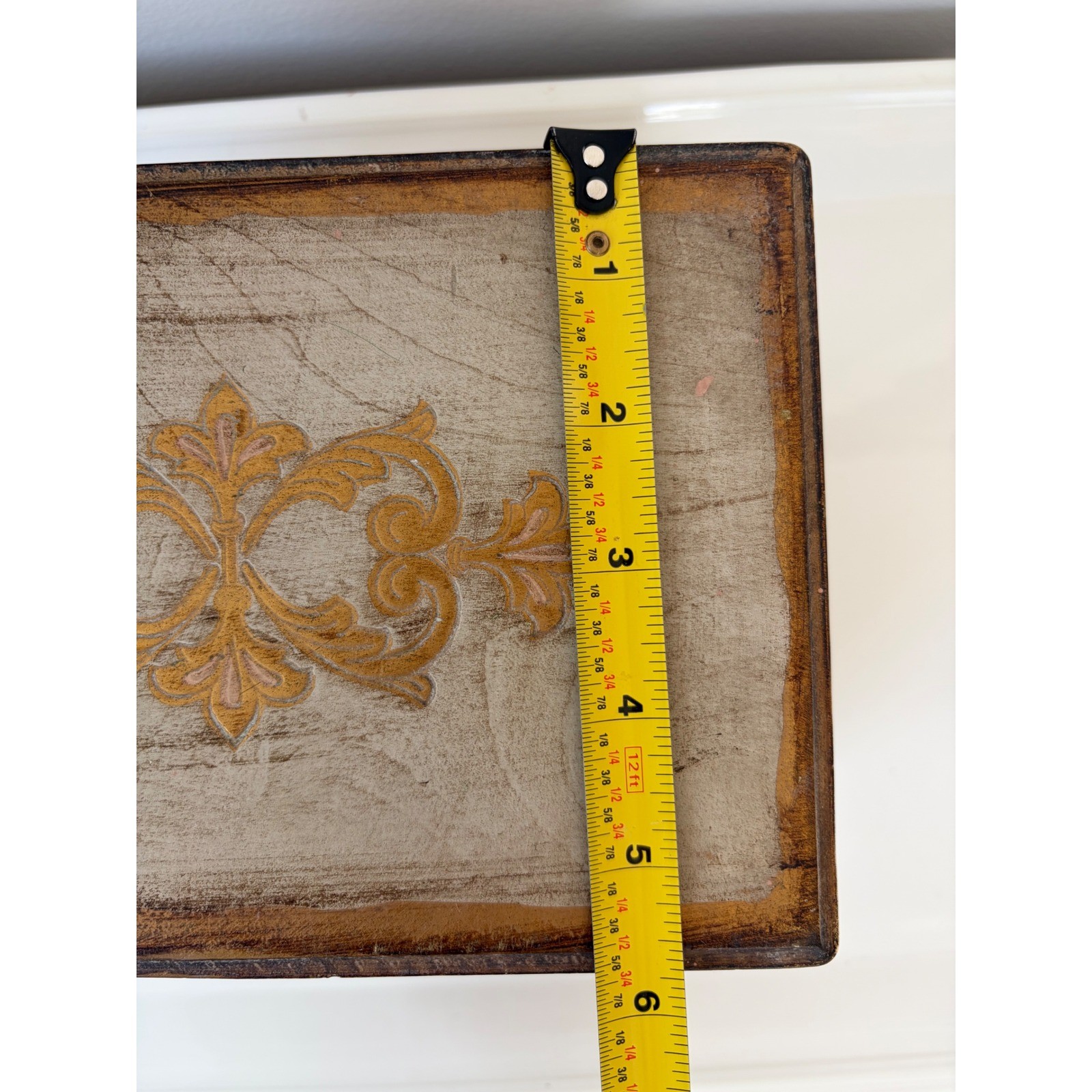Vintage Florentine Wooden Jewelry Box Gold Gilt Red Velvet Mirror Distressed