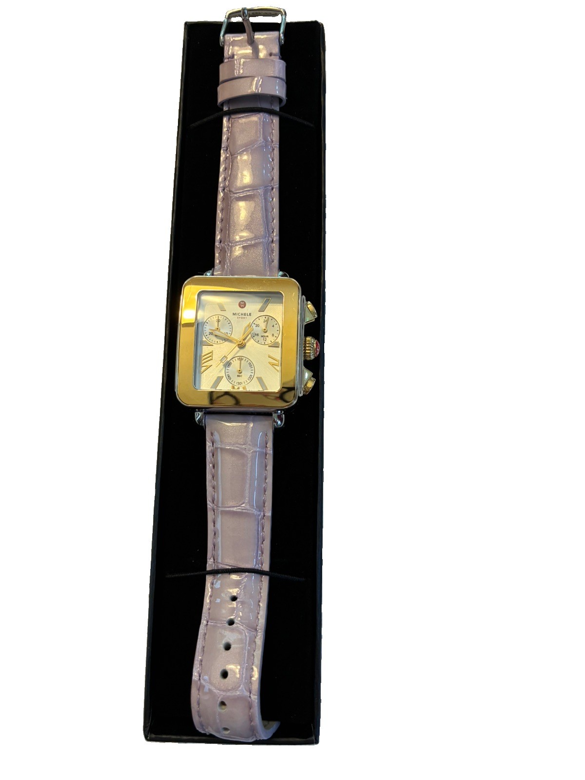 Ladies Gold Tone Watch By Michele With Lavender Leather Band